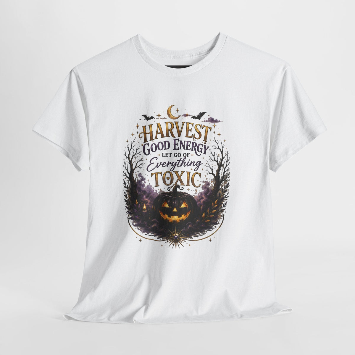 Halloween T‑Shirt — " Pumpkin Harvest Good Energy, Let Go of Everything Toxic" - AURA BY RS ®