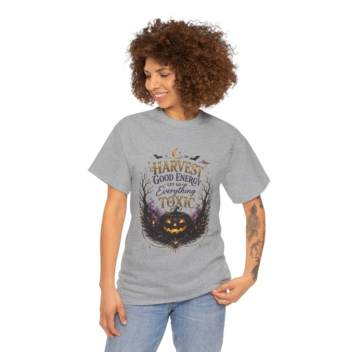 Halloween T‑Shirt — " Pumpkin Harvest Good Energy, Let Go of Everything Toxic" - AURA BY RS ®