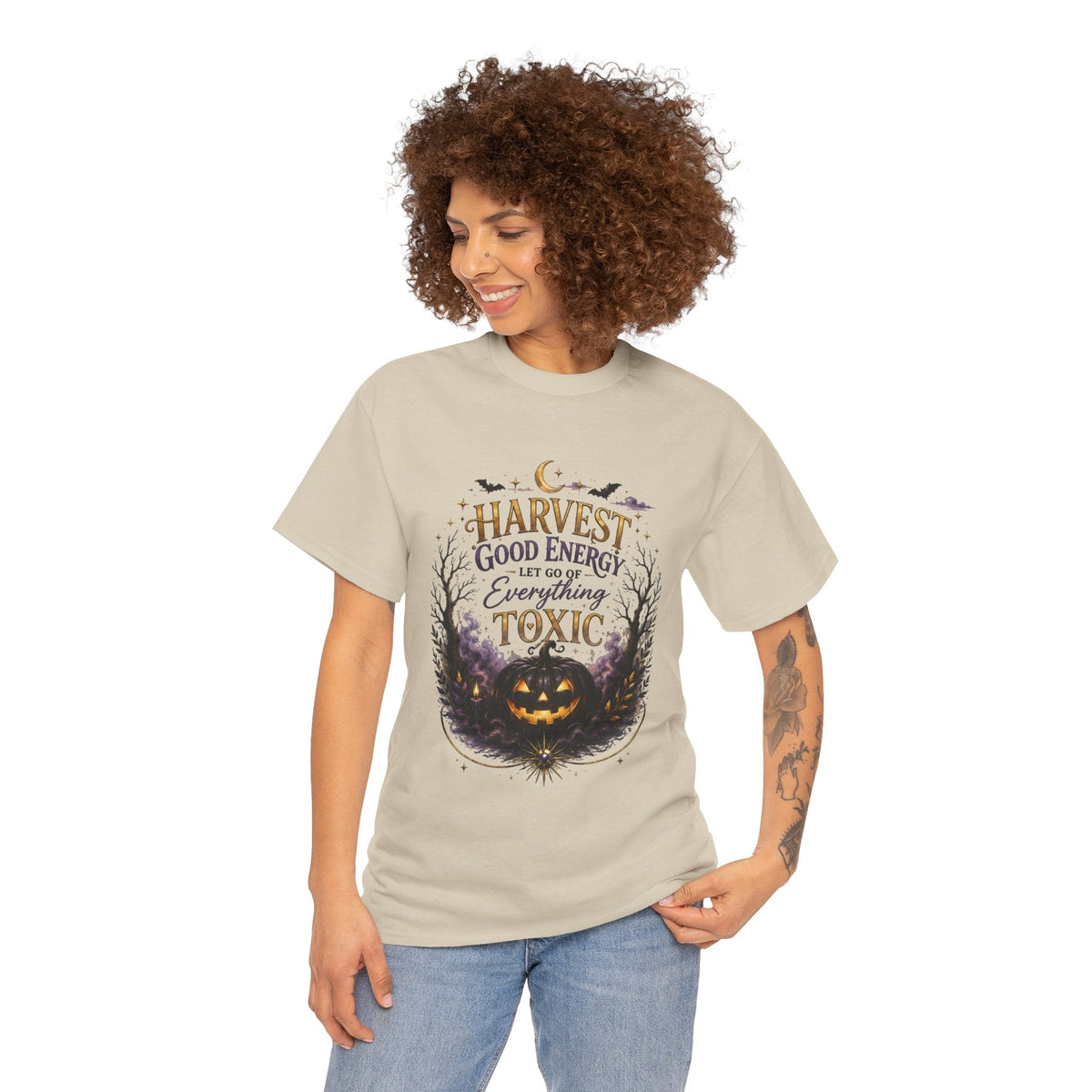 Halloween T‑Shirt — " Pumpkin Harvest Good Energy, Let Go of Everything Toxic" - AURA BY RS ®