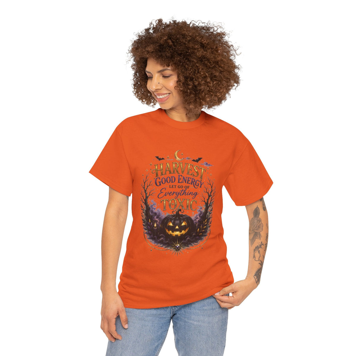 Halloween T‑Shirt — " Pumpkin Harvest Good Energy, Let Go of Everything Toxic" - AURA BY RS ®