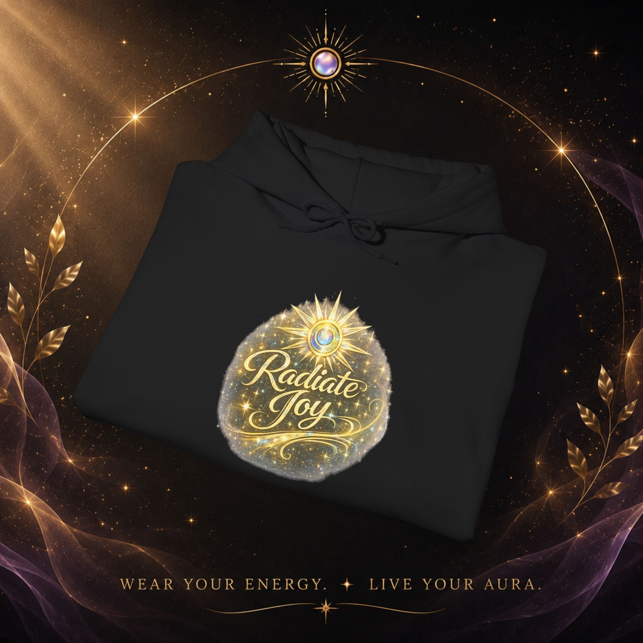 Radiate Joy Hoodie – Inspirational Golden Sunburst Sweatshirt - AURA BY RS ®