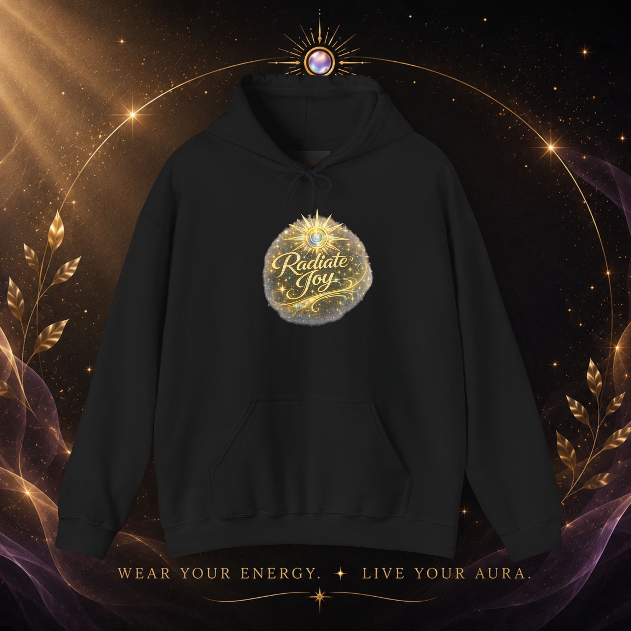 Radiate Joy Hoodie – Inspirational Golden Sunburst Sweatshirt - AURA BY RS ®