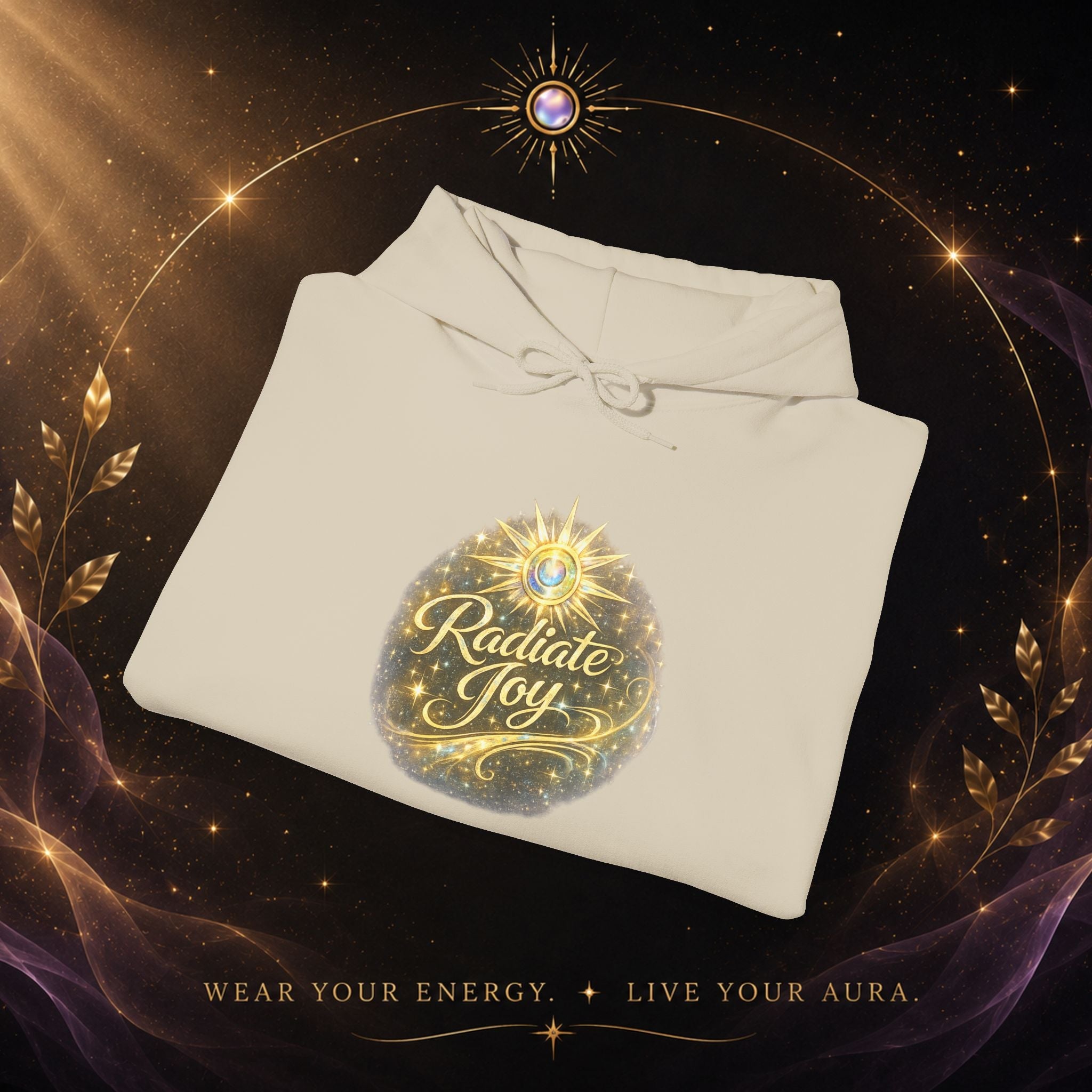 Radiate Joy Hoodie – Inspirational Golden Sunburst Sweatshirt - AURA BY RS ®