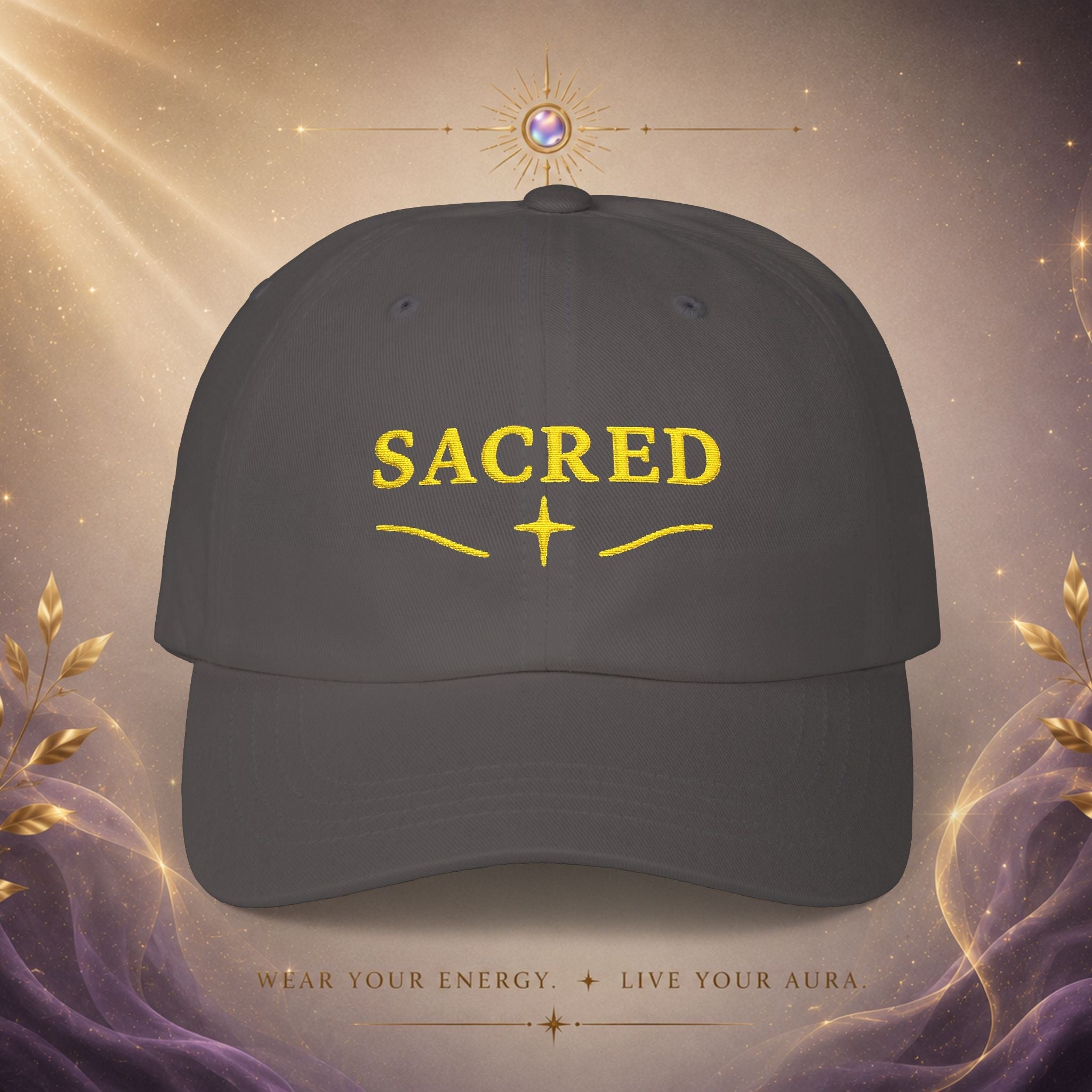 Sacred Embroidered — Adjustable Hat with Gold 'SACRED' Cross Accent - AURA BY RS ®
