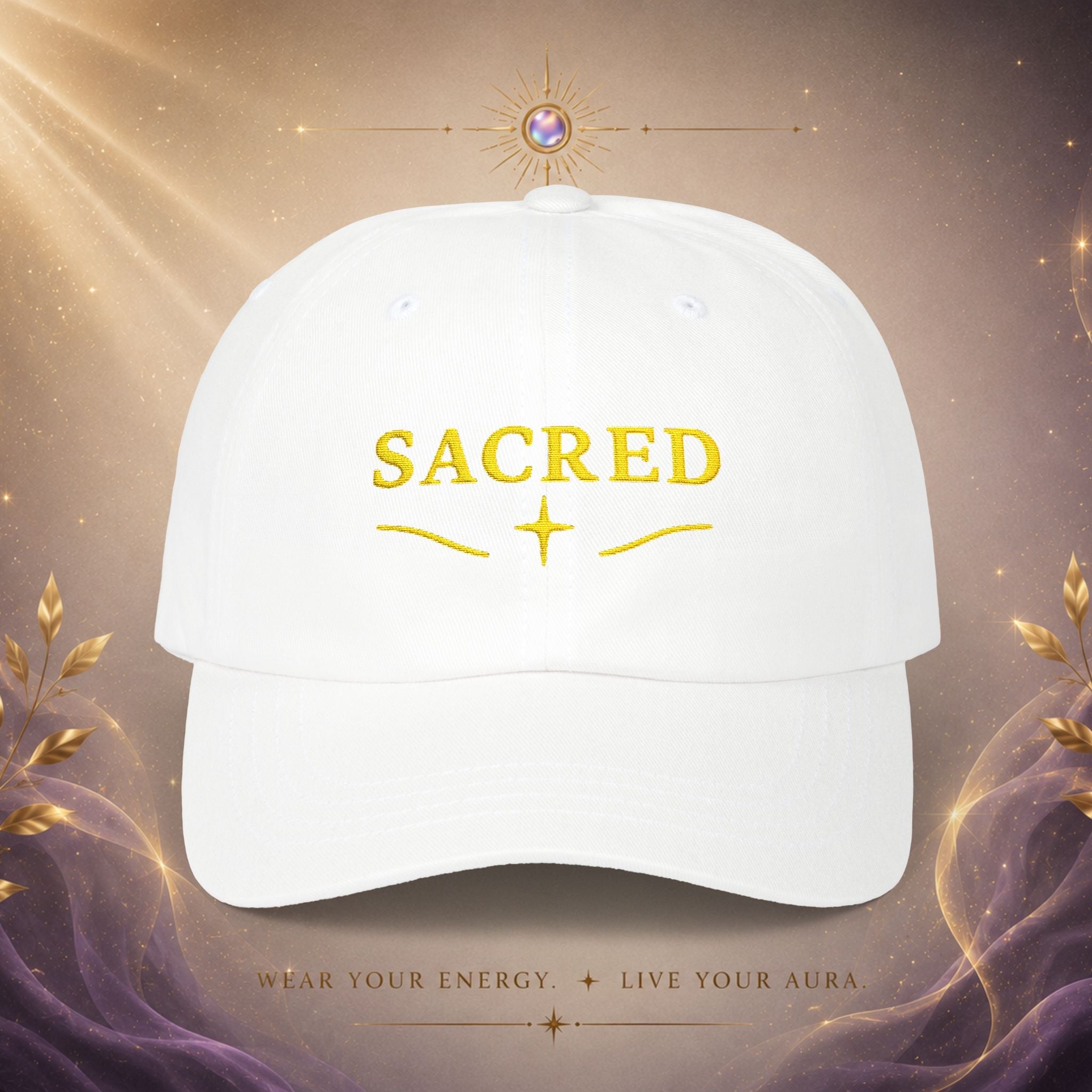 Sacred Embroidered — Adjustable Hat with Gold 'SACRED' Cross Accent - AURA BY RS ®
