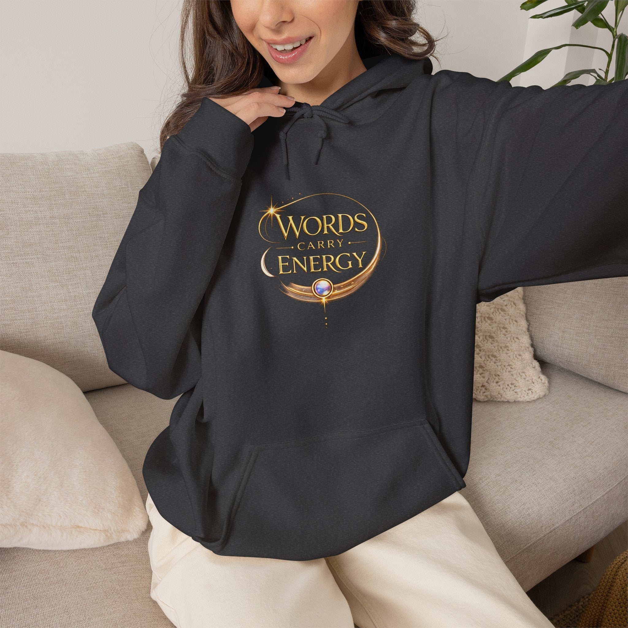 Words Carry Energy Gold Script Hoodie - AURA BY RS ®